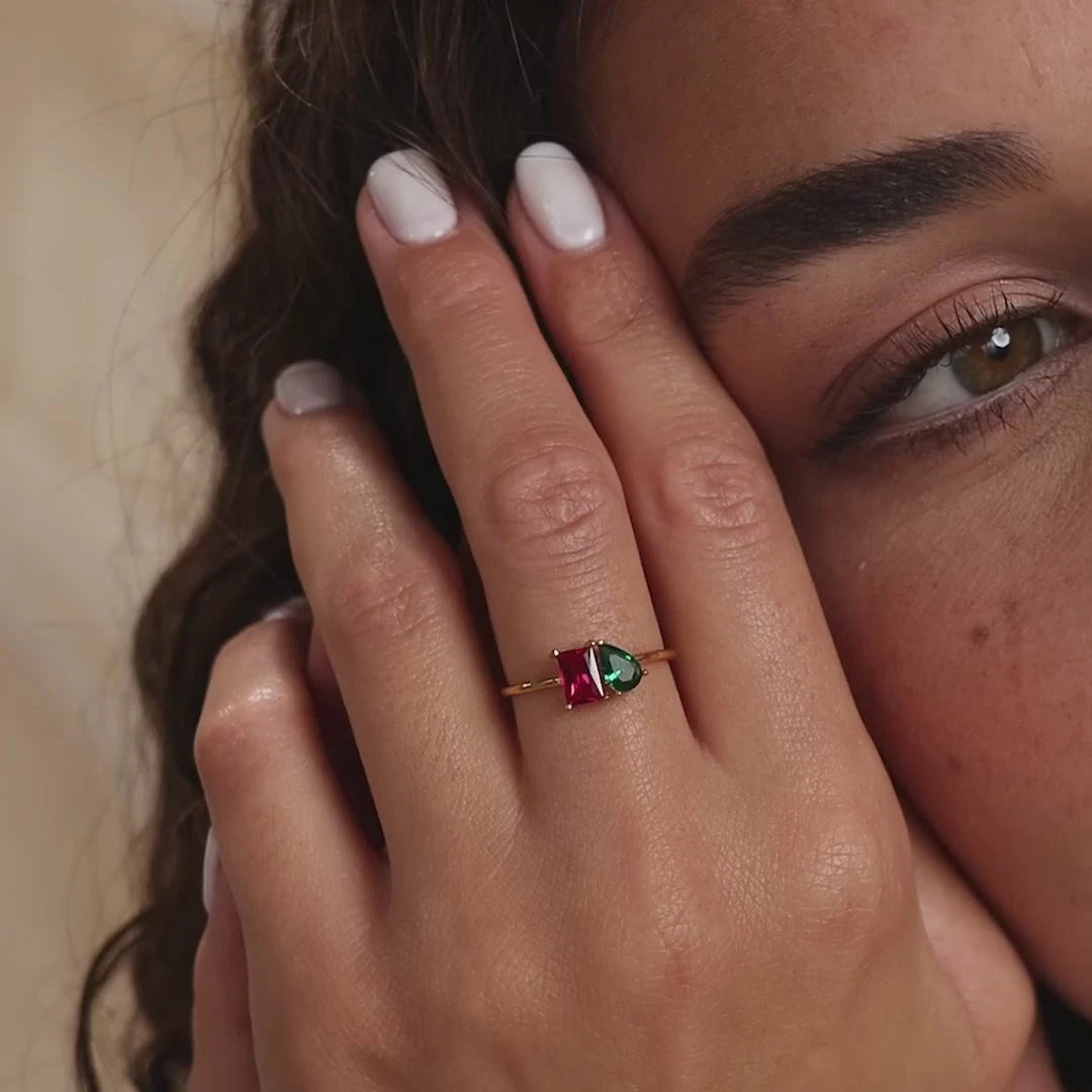 Personalized Toi et Moi Birthstone Ring Duo-Cut Stainless Steel Two Stone Ring Waterproof Non-Tarnish Custom Jewelry for Women
