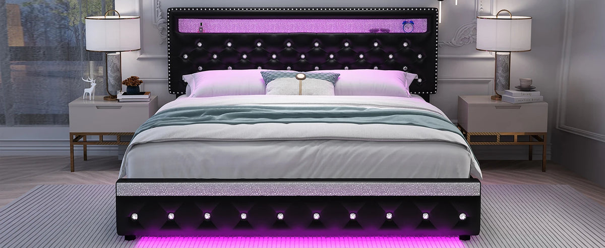 SIBEDS Queen Upholstered Platform Bed Frame with LED Lights and 2 Storage Drawers, Crystal Button Tufted Headboard, Height Adjustable Design, Side Pockets, Solid Slats Support, No Box Spring Needed