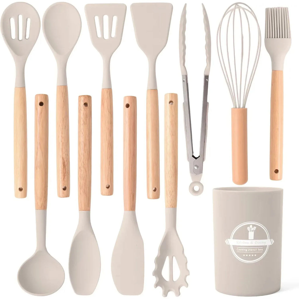 12Pcs Kitchen Utensil Set Silicone Spatula Set Wooden Handle Cooking Tools Kit with Holder Heat-Resistant Cookware for Kitchen