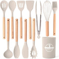 12Pcs Kitchen Utensil Set Silicone Spatula Set Wooden Handle Cooking Tools Kit with Holder Heat-Resistant Cookware for Kitchen