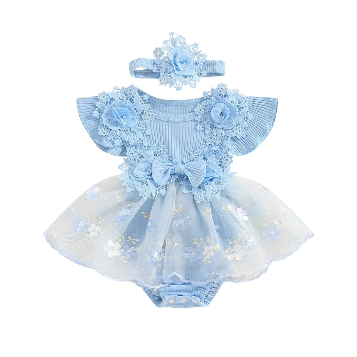Baby Girls 3D Flower Mesh Lace Ruffle Romper Dress and Headband Set