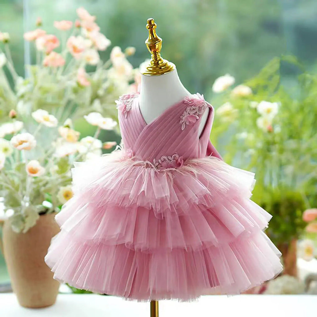 Dreamy Vow D069 Glamorous Sleeveless Tiered Tulle Pink Flower Girl Dress Wedding Party Holiday Celebration Knee Length Ball Gown