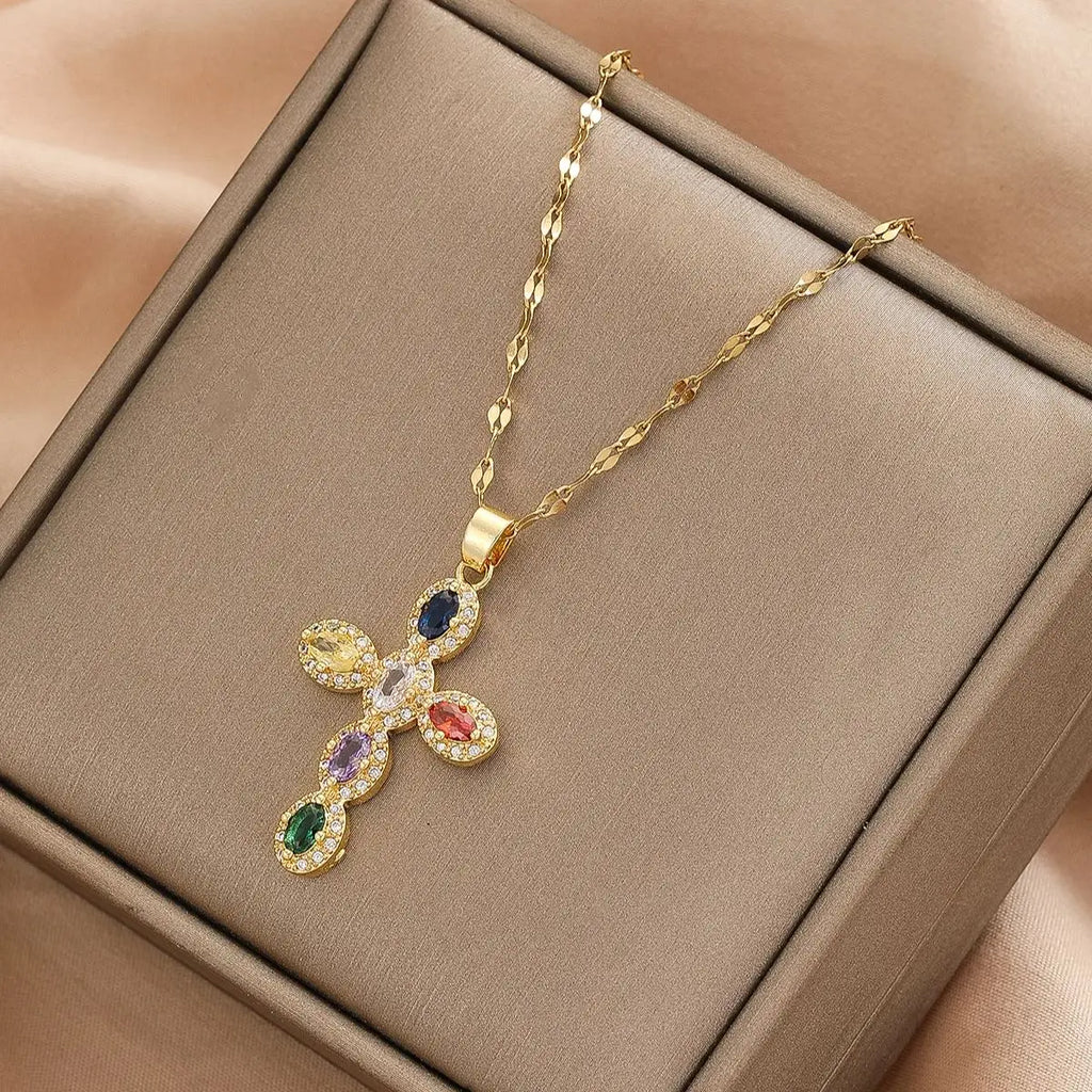 Fashion Personality 1 Piece Necklace Elegant Women's Micro Inlaid Colorful Round Zircon Cross Necklace