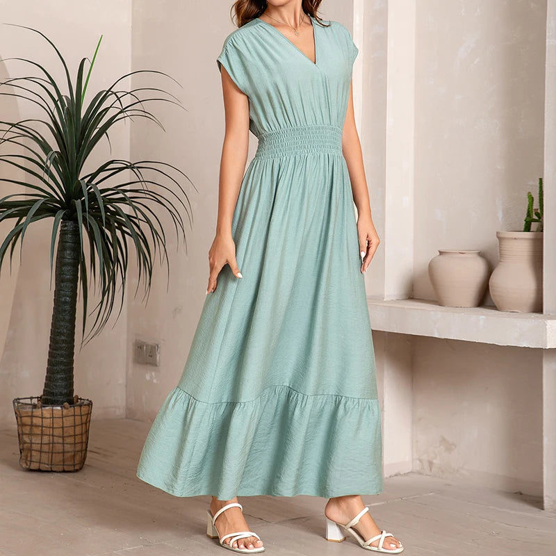 Modest Women Casual Woven Dress V-Neck Short-Sleeves Pleated Waist A-Line Skirt Solid Candy Color Vacation Beach Wear Tie Back