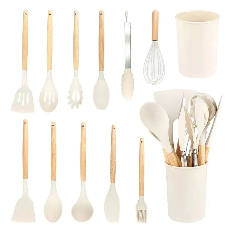 Juego de utensilios de cocina de 12 piezas, espátulas de silicona con mango de madera, kit de herramientas de cocina con soporte, resistentes al calor, para cocina