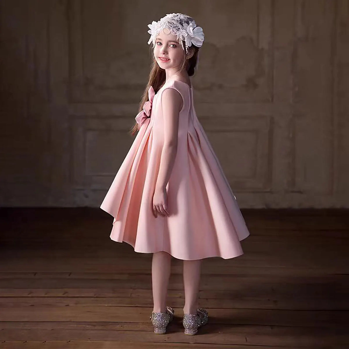 Dreamy Vow D045 Elegant O-Neck A-Line Sleeveless Applique Satin Flower Girl Dress Wedding Birthday Party Irregular Dress 2025