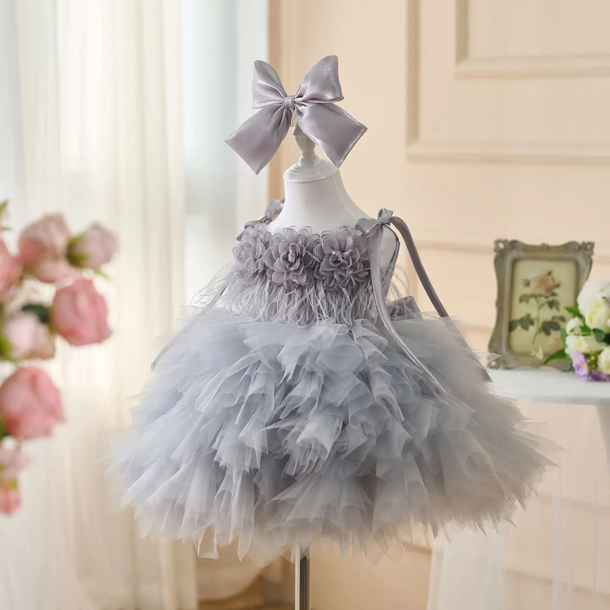 Dreamy Vow D052 Gorgeous Sleeveless Flower-Adorned Tiered Tulle Flower Girl Dress With Bow Kids Wedding Birthday Evening Prom