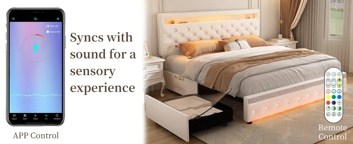 SIBEDS Queen Upholstered Platform Bed Frame with LED Lights and 2 Storage Drawers, Crystal Button Tufted Headboard, Height Adjustable Design, Side Pockets, Solid Slats Support, No Box Spring Needed