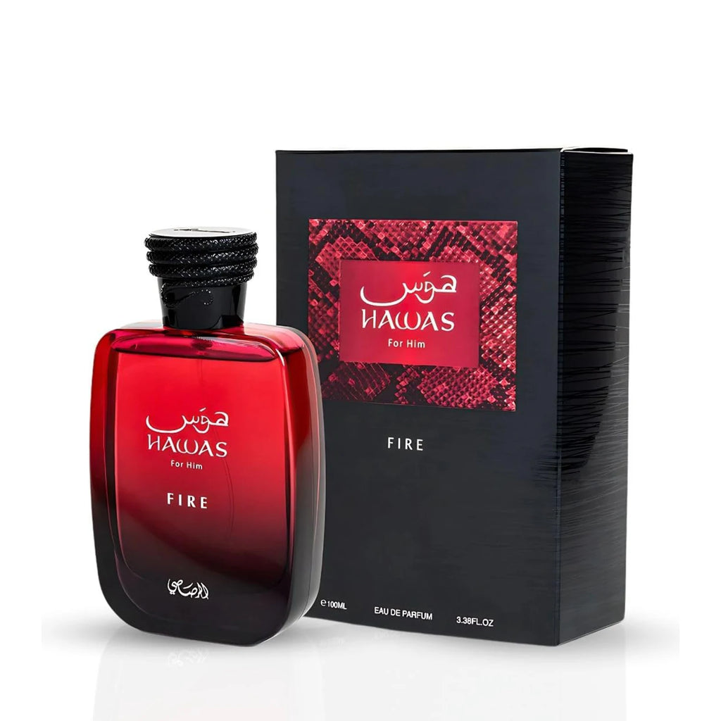 Rasasi Hawas Fire Eau de Parfum Spray for Men – Intense Fiery Spicy & Warm Amber Woody Scent, Long-Lasting Premium Arabian Fragrance, Perfect Gift, 100 ml / 3.4 fl oz