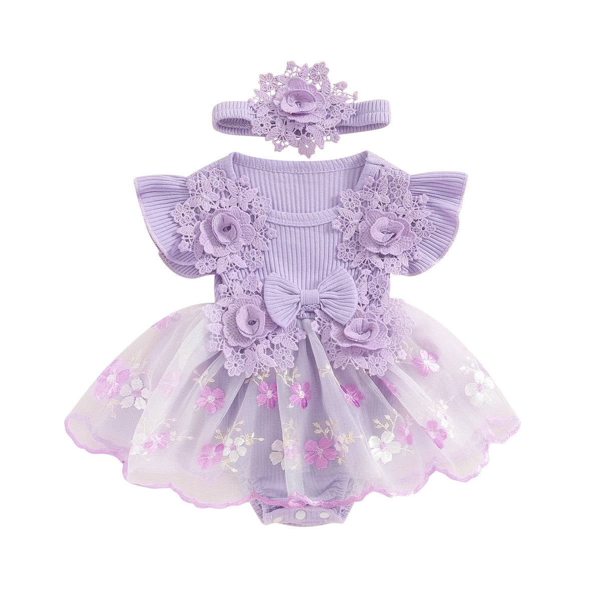 Baby Girls 3D Flower Mesh Lace Ruffle Romper Dress and Headband Set