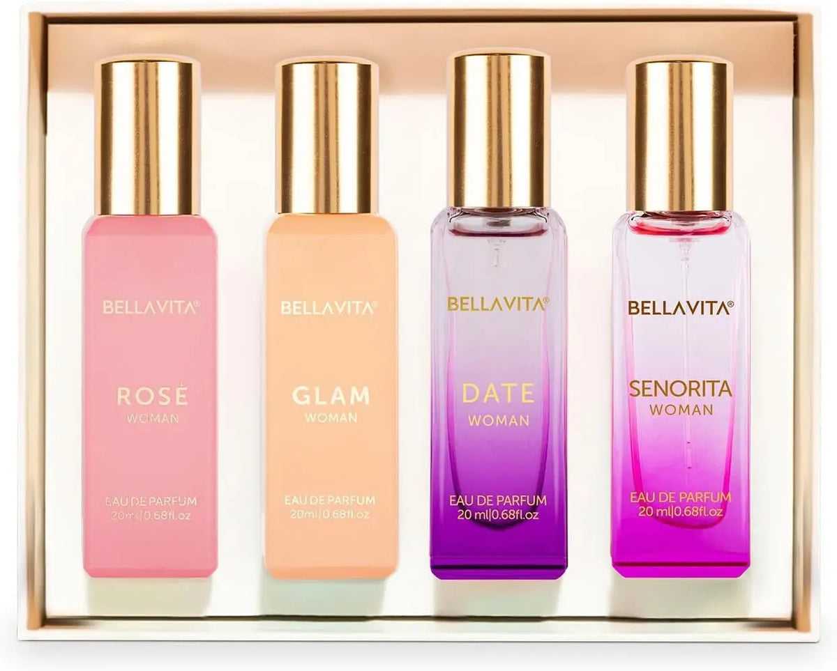 Bellavita Luxury Women's Perfume Gift Set with Rose, Senorita, Date, and Glam A Total of 80ml Perfume for Women Pink Pepper, Yuzu and Floral Peach Long Lasting Fragrance Mother's Day Present