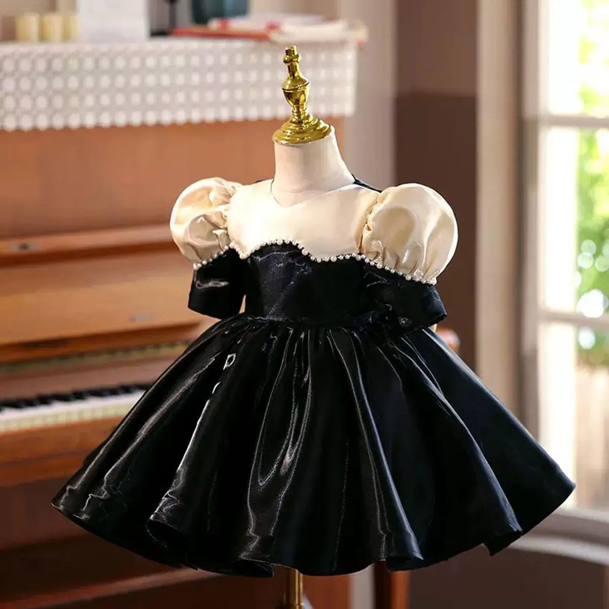 Dreamy Vow J407 Stylish Black Girl Dress Puffed Sleeves Velvet Pearl Trimmed Square Neck Bowed Princess Party Short Ball Gown