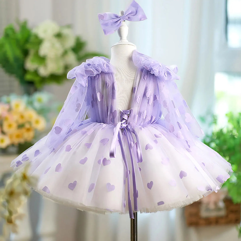 Dreamy Vow D059 Charming V-Neck Long Sleeves Bowed Heart Pattern Tulle Baby Flower Girl Dresses Wedding Evening Prom Ball Gown