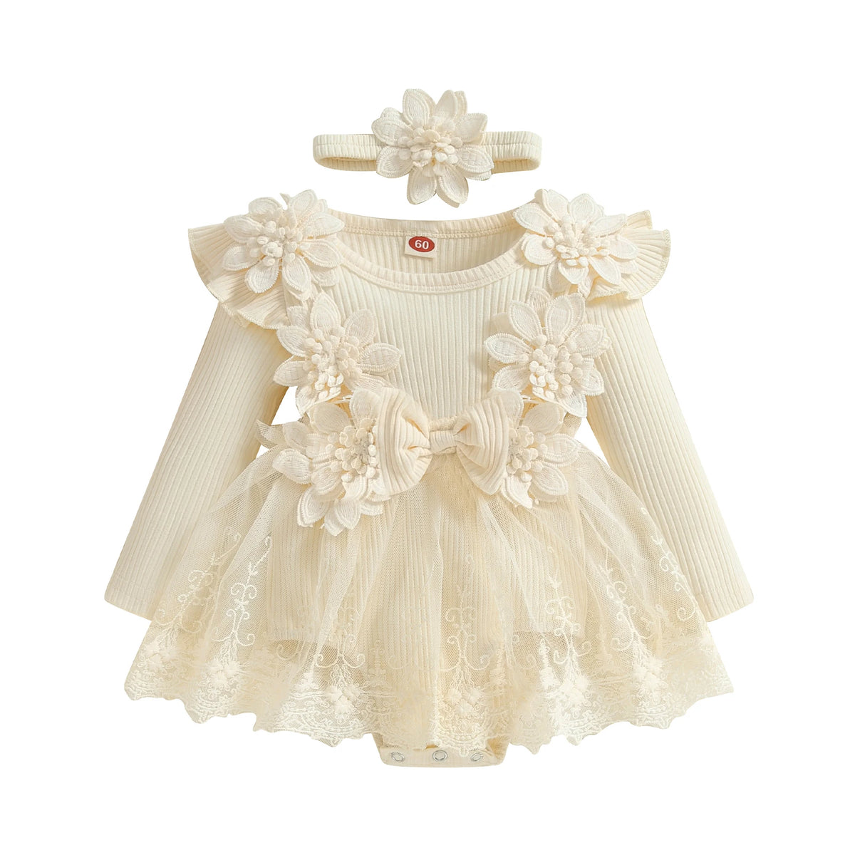 Baby Girls 3D Flower Mesh Lace Ruffle Romper Dress and Headband Set