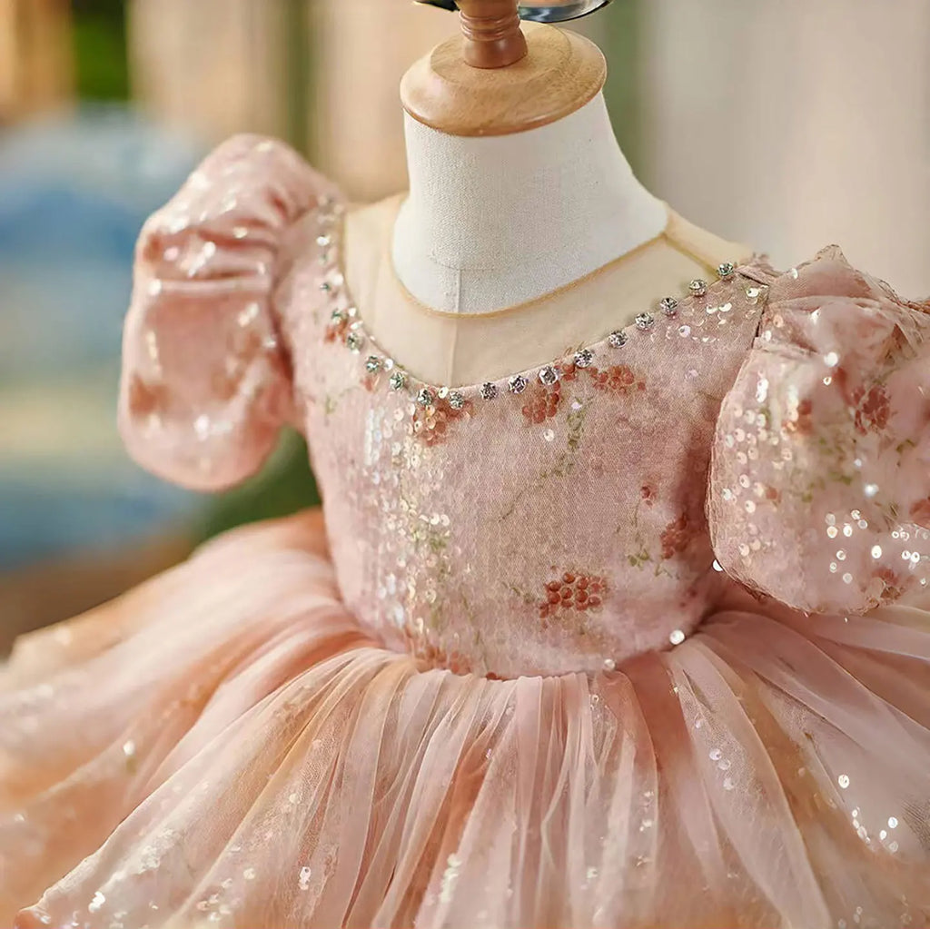 Dreamy Vow D035 Shiny O-Neck Beading Tulle Pink Flower Girl Dress Short Sleeves for Kids Wedding Birthday Party Short Ball Gown