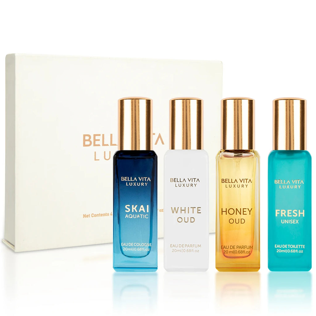 Bellavita Unisex Perfume Gift Set 4x20ml Honey White Oud Skai Fresh Honey Artemisia Lemon Bergamot Sweet Almond Collection for Daily Wear Father Day Gift for Him Her