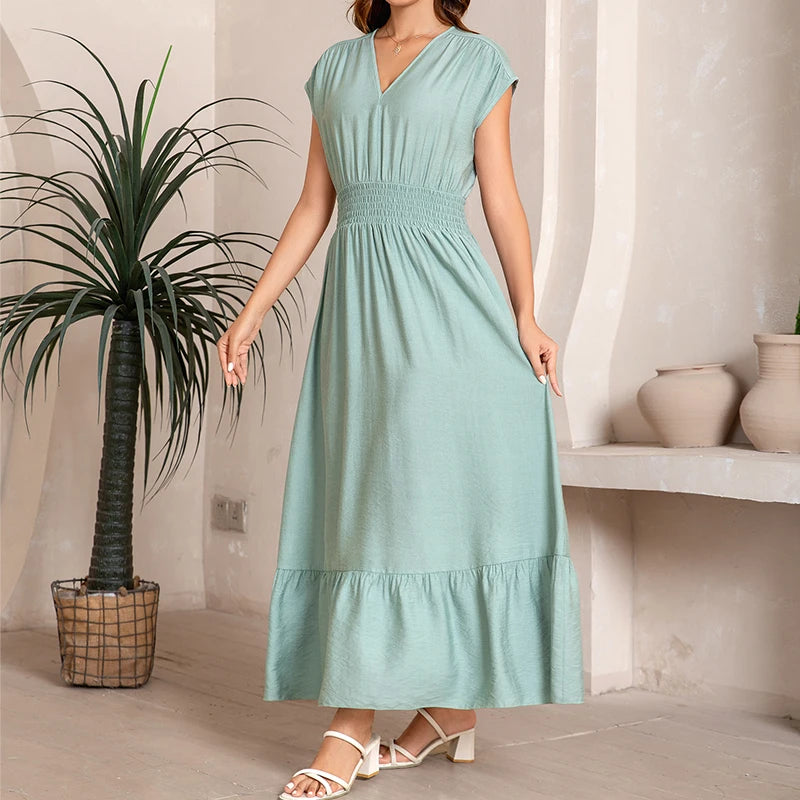 Modest Women Casual Woven Dress V-Neck Short-Sleeves Pleated Waist A-Line Skirt Solid Candy Color Vacation Beach Wear Tie Back