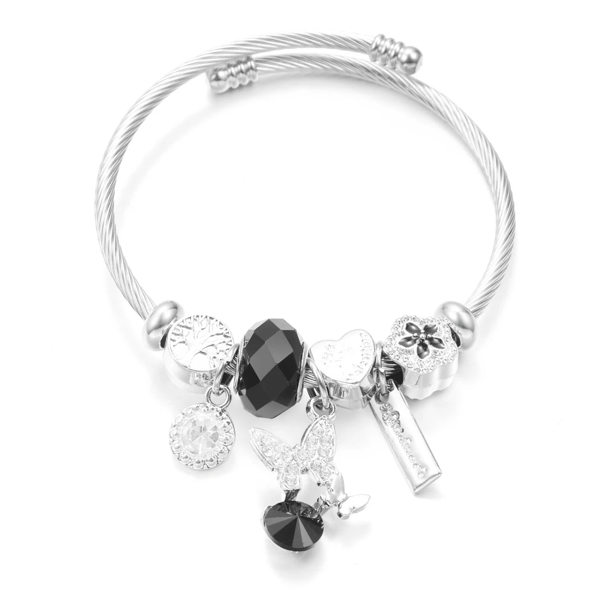New Trendy Rhinestones Dragonfly Crystal Beaded Pendant Bracelet Stainless Steel 4 Colors Closure Bangles Women'S Bracelet Jewelry