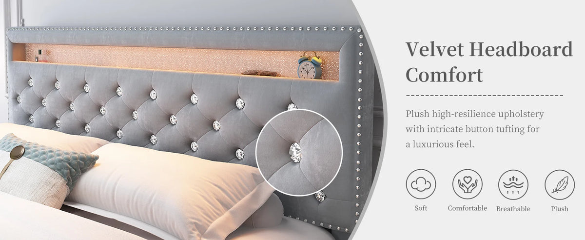 SIBEDS Queen Upholstered Platform Bed Frame with LED Lights and 2 Storage Drawers, Crystal Button Tufted Headboard, Height Adjustable Design, Side Pockets, Solid Slats Support, No Box Spring Needed