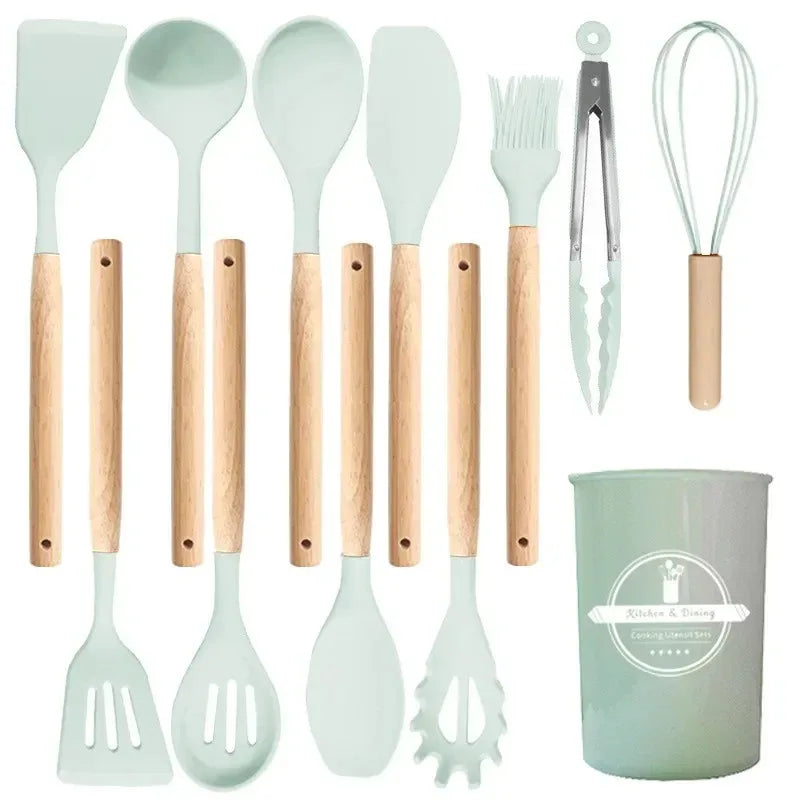 Juego de utensilios de cocina de 12 piezas, espátulas de silicona con mango de madera, kit de herramientas de cocina con soporte, resistentes al calor, para cocina
