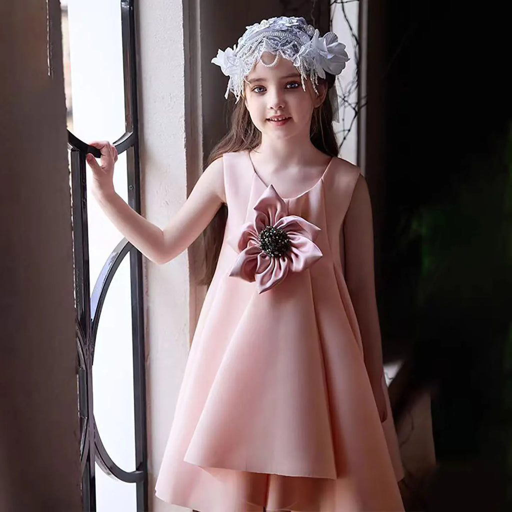 Dreamy Vow D045 Elegant O-Neck A-Line Sleeveless Applique Satin Flower Girl Dress Wedding Birthday Party Irregular Dress 2025