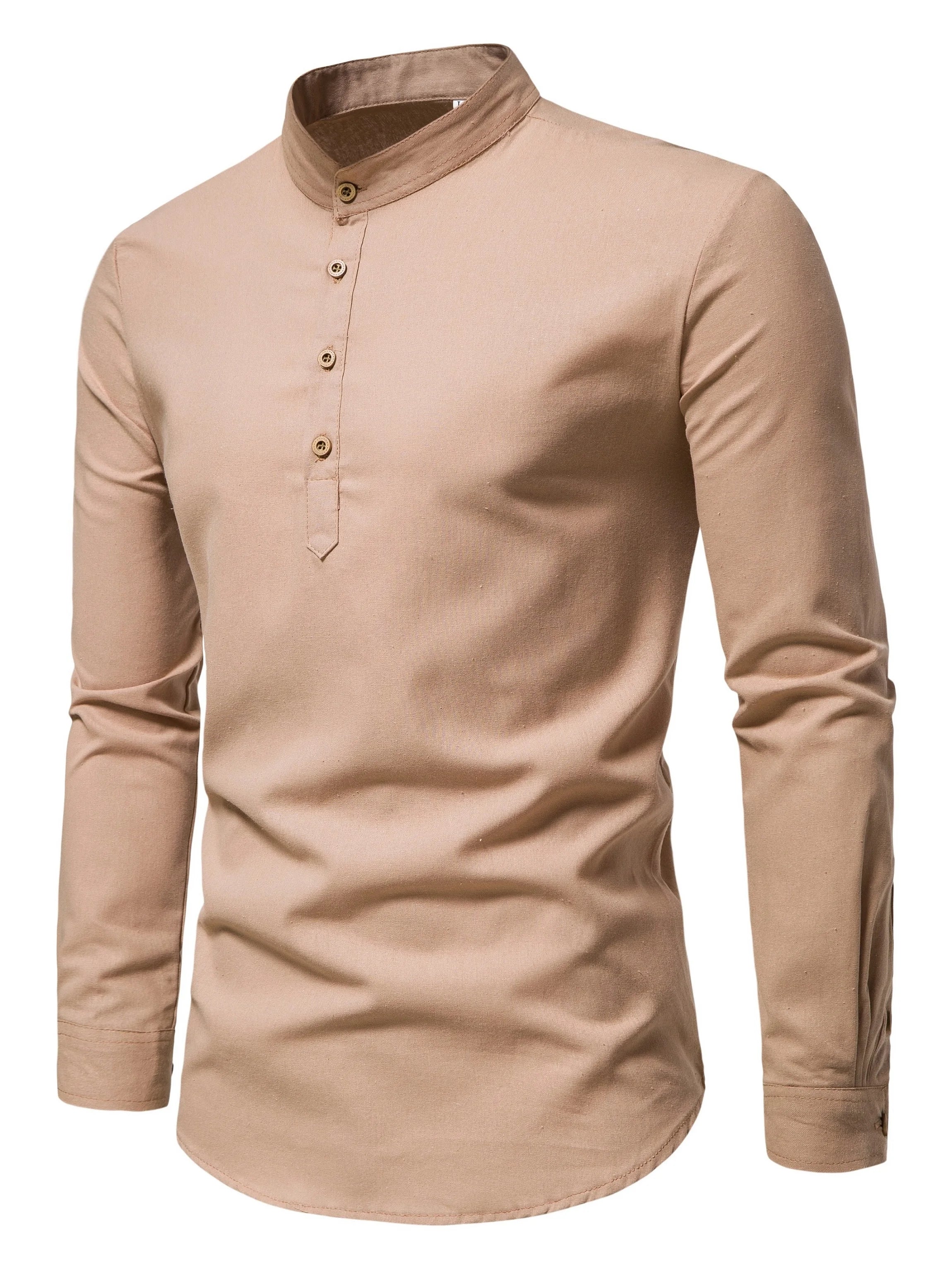 Spring And Autumn Men'S Pure Cotton Solid Color Shirts, Elegant Long-Sleeved Stand-Up Collar Shirts, Slim-Fit Men'S Shirts
