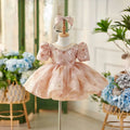 Dreamy Vow D035 Shiny O-Neck Beading Tulle Pink Flower Girl Dress Short Sleeves for Kids Wedding Birthday Party Short Ball Gown