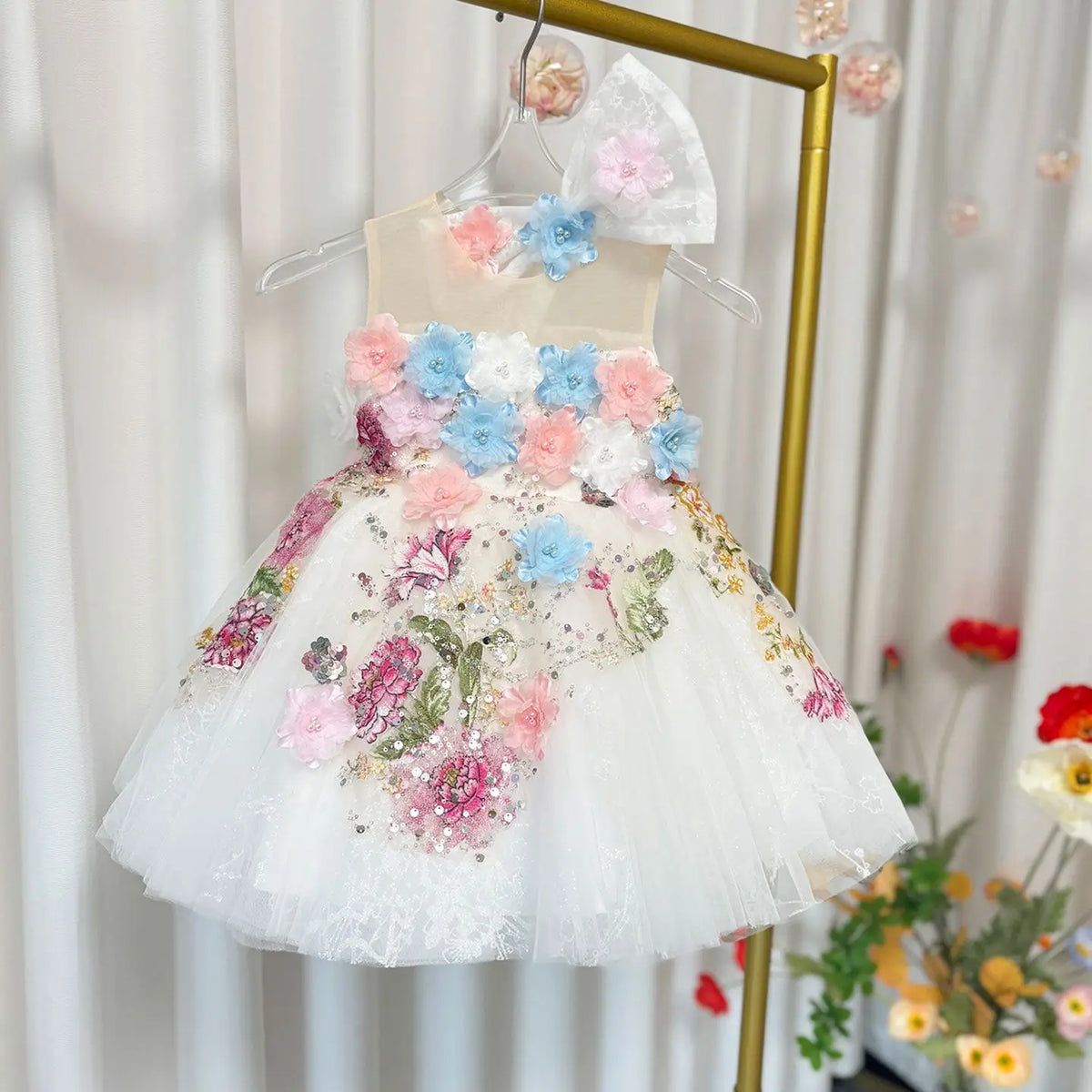 Dreamy Vow J404 Charming White Baby Girl Dress Floral Embroidered Tulle Bow for Kids Holiday 1st Birthday Party Short Ball Gown