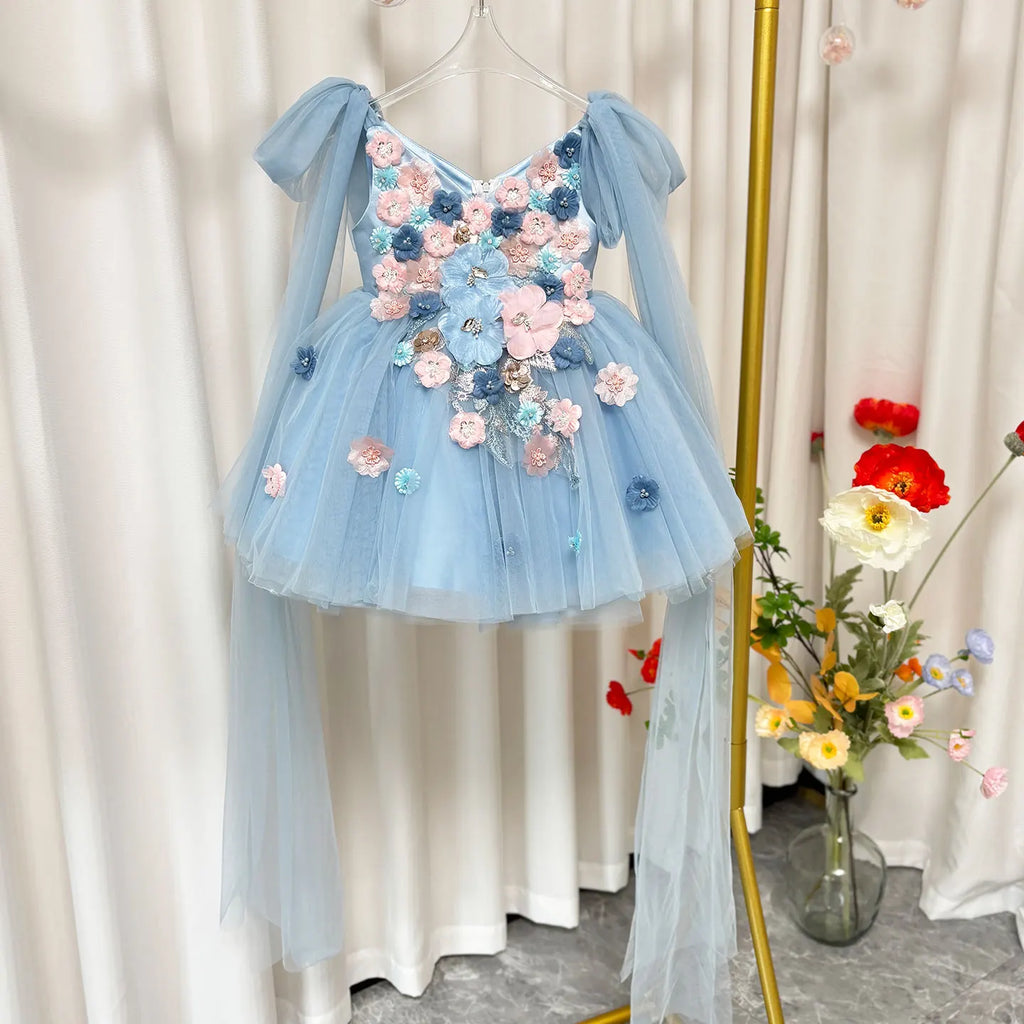 Dreamy Vow J535 Elegant V-Neck Applique Tulle Flower Girl Dress Bow On Shoulder Cap Sleeve Wedding Holiday Evening Party Prom