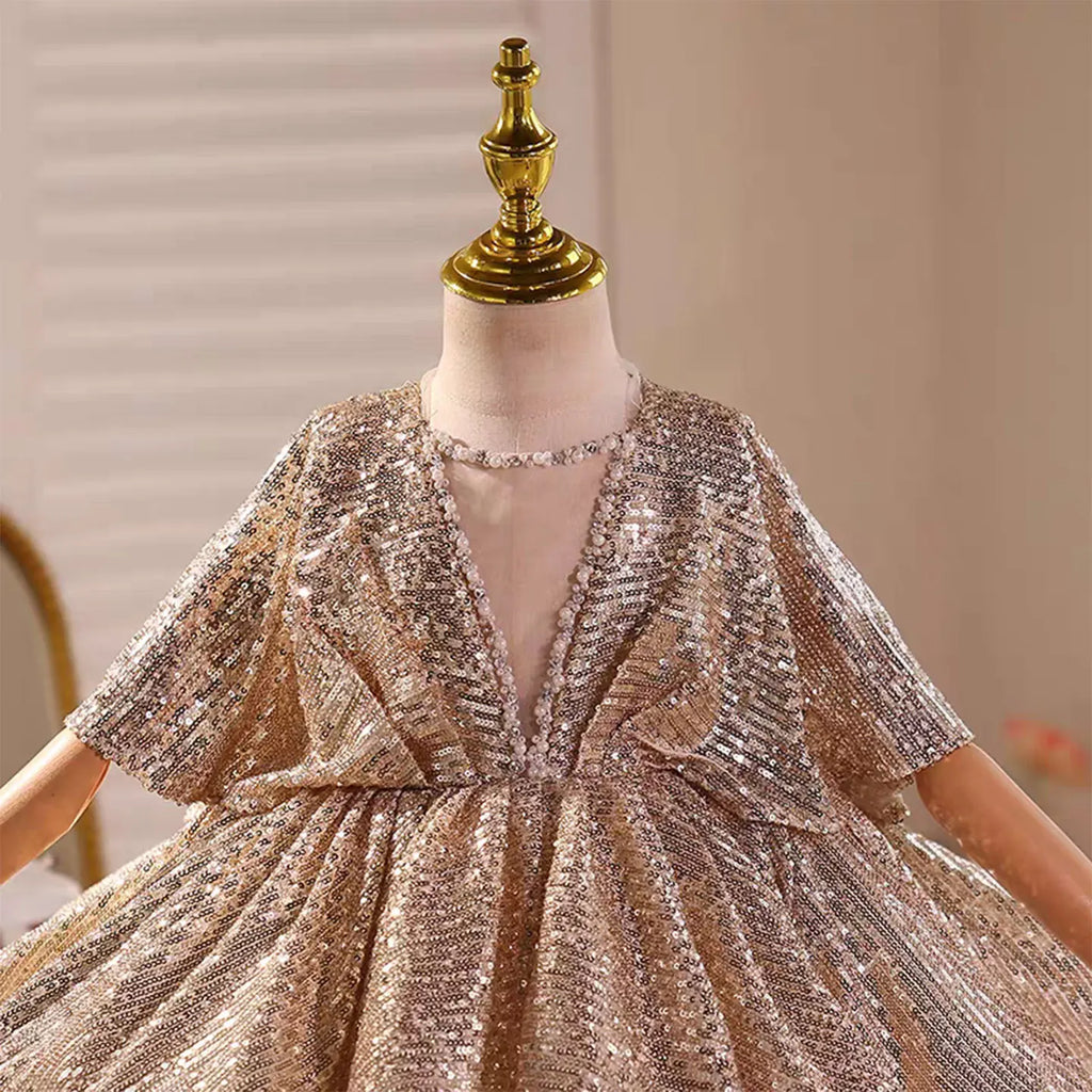 Dreamy Vow D031 Luxury V-Neck Beaded Brown Flower Girl Dress Cap Sleeve Dubai Wedding Birthday Holiday Evening Party Summer Prom
