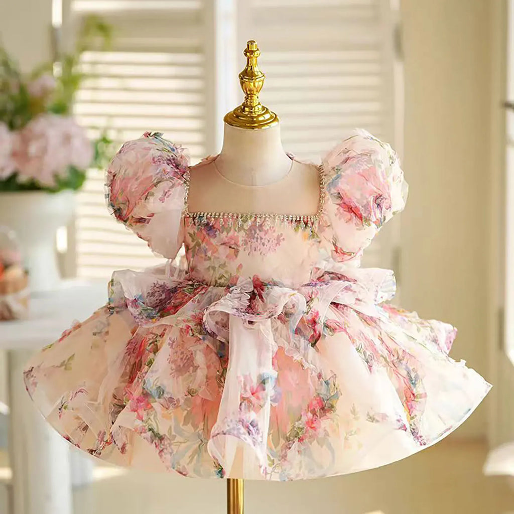 Dreamy Vow J410 Lovely Floral Pink Girl Dress Puff Sleeves for Kids Princess Holiday Birthday Party Ball Gown