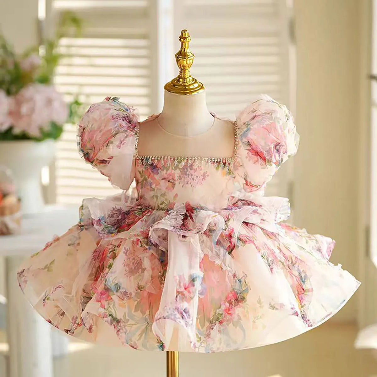Dreamy Vow J410 Lovely Floral Pink Girl Dress Puff Sleeves for Kids Princess Holiday Birthday Party Ball Gown
