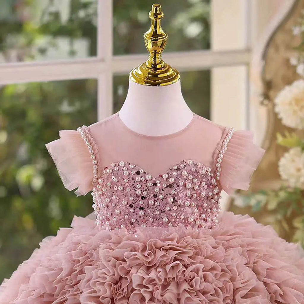Dreamy Vow D011 Adorable O-Neck Pearl Embellishment Tulle Pink Flower Girl Dress Wedding Holiday Evening Party Knee-Length Prom