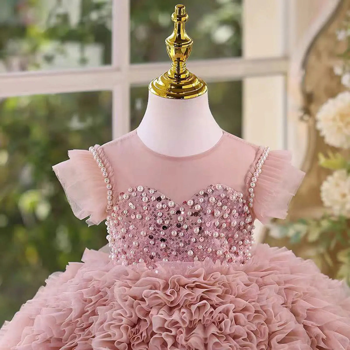 Dreamy Vow D011 Adorable O-Neck Pearl Embellishment Tulle Pink Flower Girl Dress Wedding Holiday Evening Party Knee-Length Prom