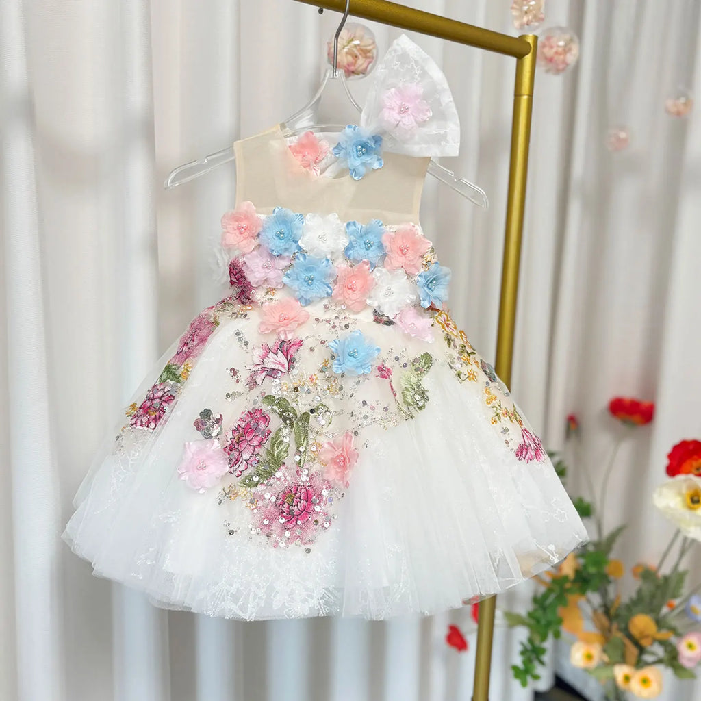 Dreamy Vow J404 Charming White Baby Girl Dress Floral Embroidered Tulle Bow for Kids Holiday 1st Birthday Party Short Ball Gown