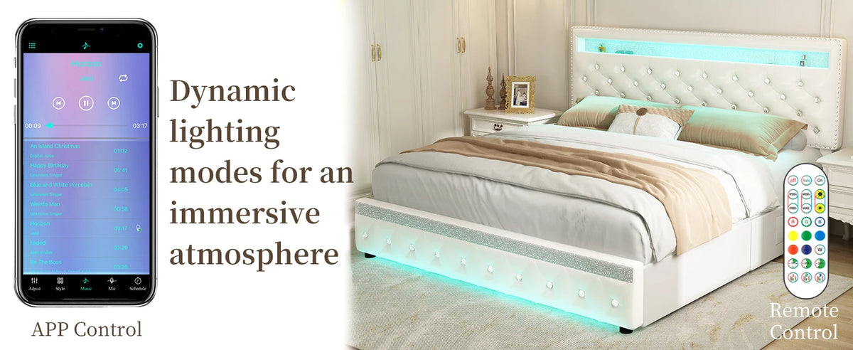 SIBEDS Queen Upholstered Platform Bed Frame with LED Lights and 2 Storage Drawers, Crystal Button Tufted Headboard, Height Adjustable Design, Side Pockets, Solid Slats Support, No Box Spring Needed