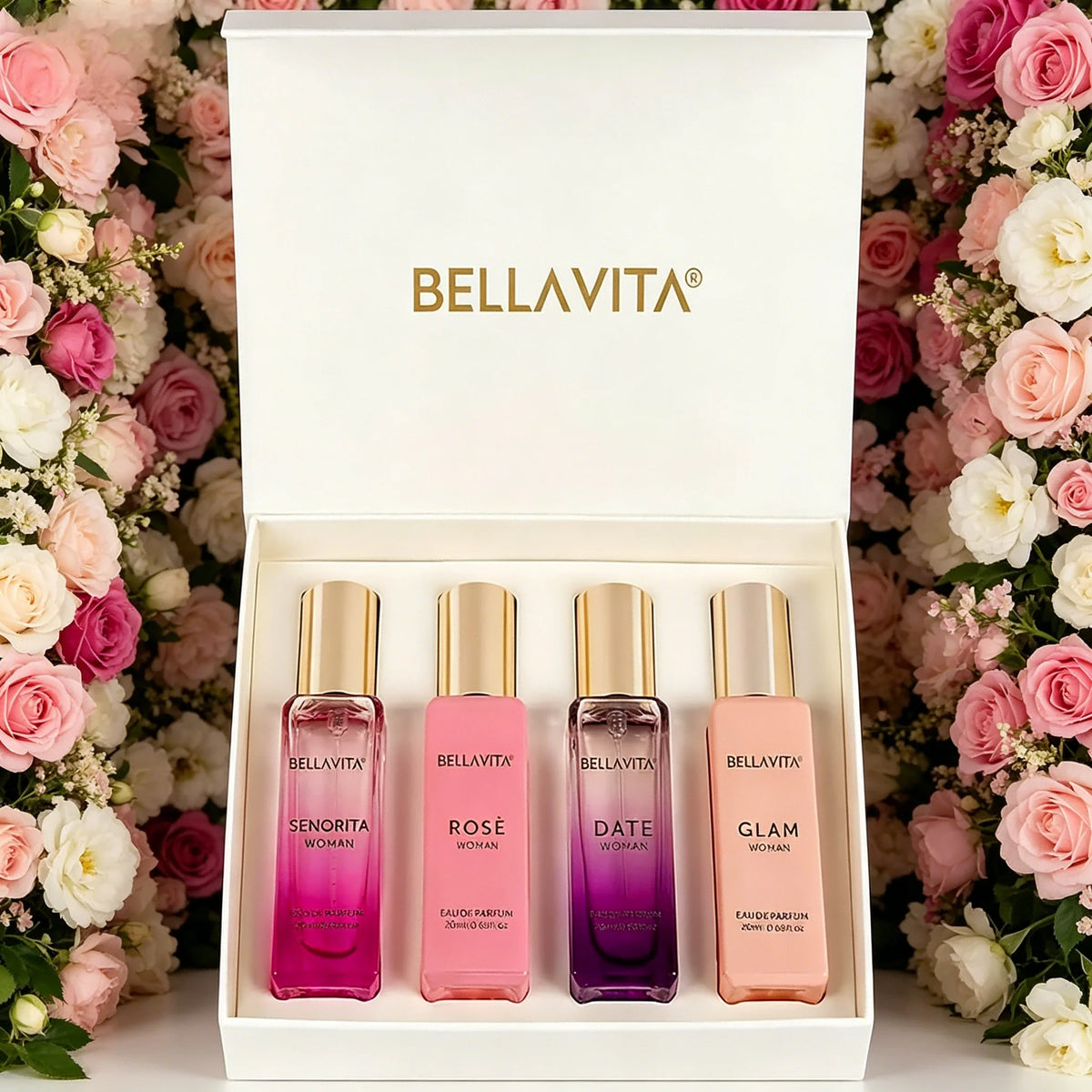 Bellavita Luxury Women's Perfume Gift Set with Rose, Senorita, Date, and Glam A Total of 80ml Perfume for Women Pink Pepper, Yuzu and Floral Peach Long Lasting Fragrance Mother's Day Present