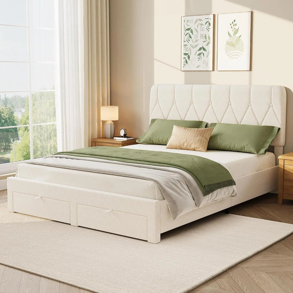 Full/Queen/King Size Velvet Upholstered Bed Frame with 2 Drawers at Footboard, White Soft Upholstered Platform Bed with Under‑Bed Storage for Bedroom