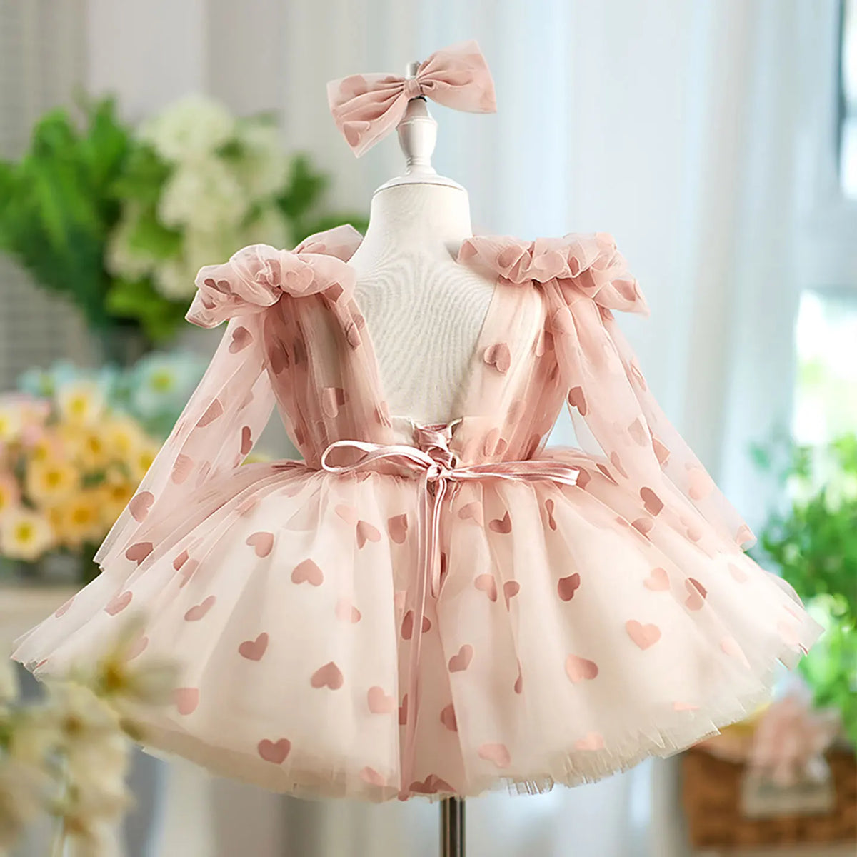 Dreamy Vow D059 Charming V-Neck Long Sleeves Bowed Heart Pattern Tulle Baby Flower Girl Dresses Wedding Evening Prom Ball Gown