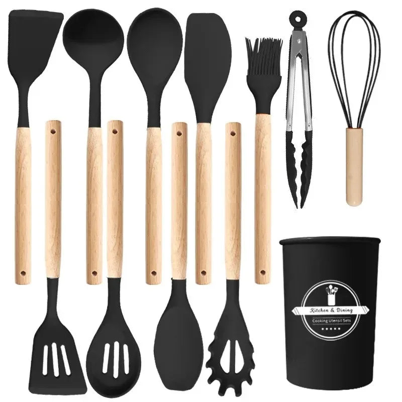 Juego de utensilios de cocina de 12 piezas, espátulas de silicona con mango de madera, kit de herramientas de cocina con soporte, resistentes al calor, para cocina