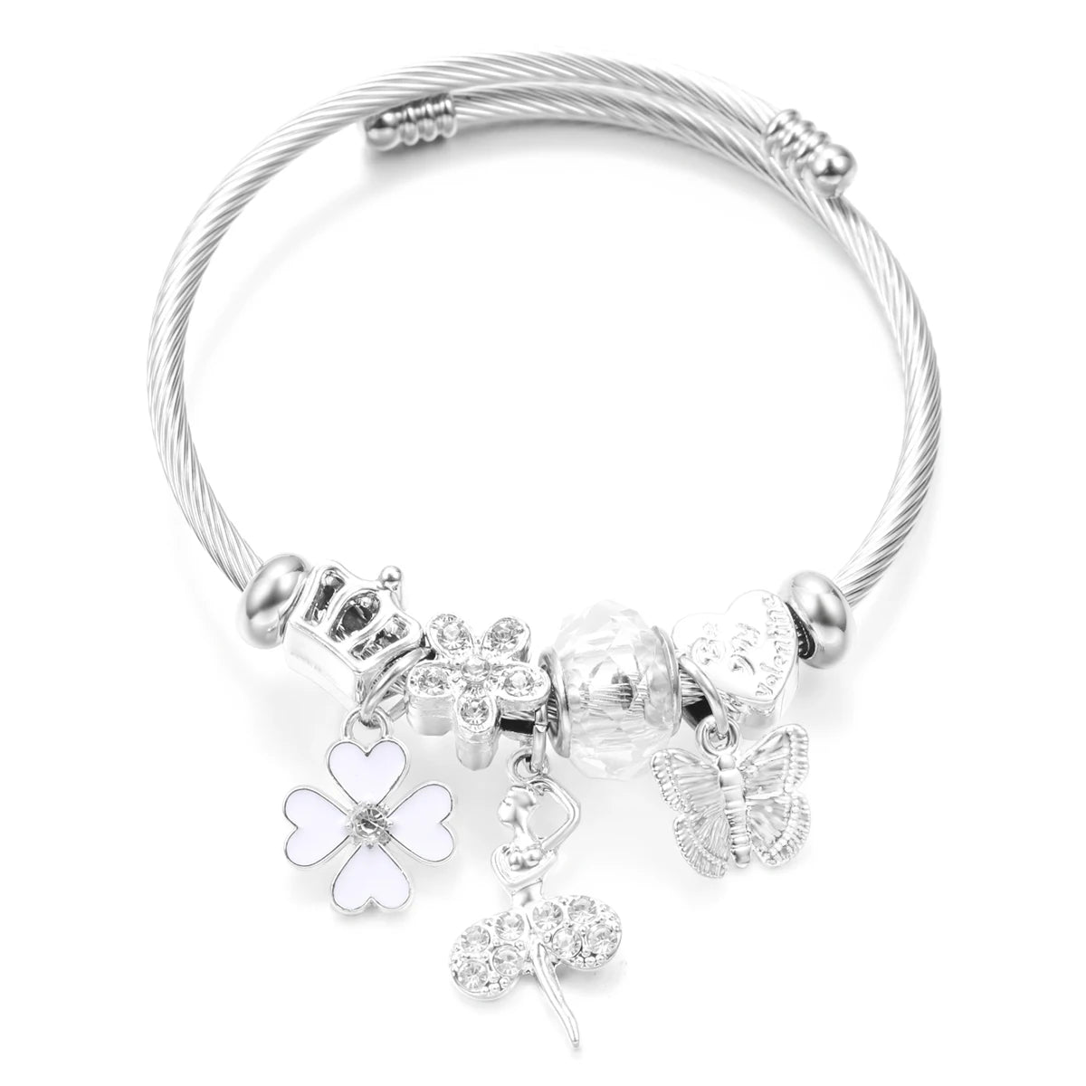 New Trendy Rhinestones Dragonfly Crystal Beaded Pendant Bracelet Stainless Steel 4 Colors Closure Bangles Women'S Bracelet Jewelry
