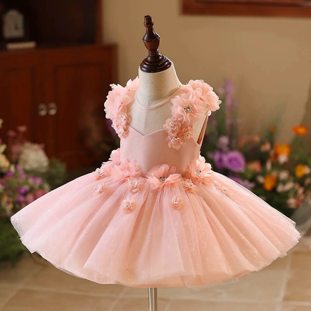 Dreamy Vow J417 Enchanting Pink Baby Girl Dress Sleeveless Tulle Rhinestone Embellished Floral Detail Short Party Ball Gown