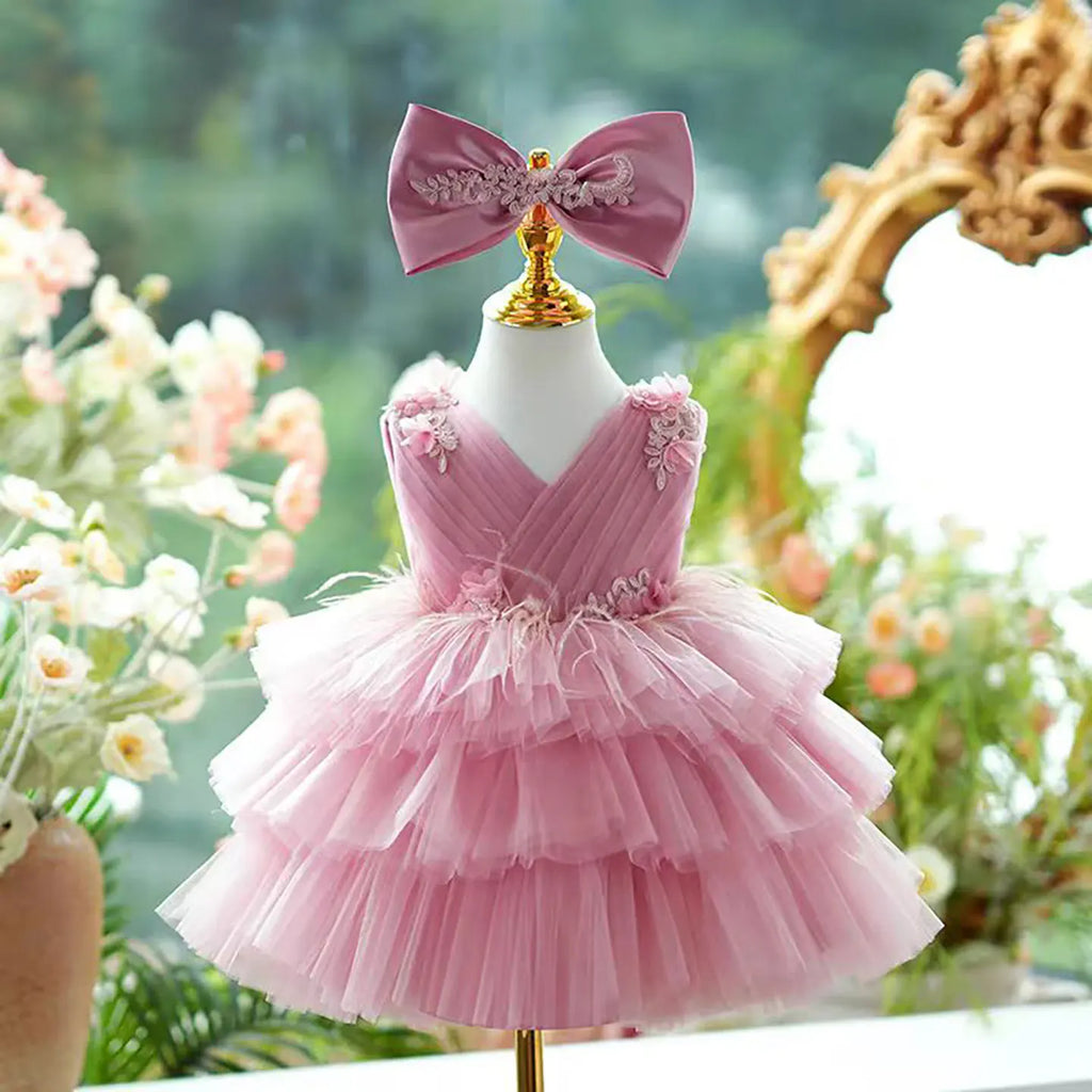 Dreamy Vow D069 Glamorous Sleeveless Tiered Tulle Pink Flower Girl Dress Wedding Party Holiday Celebration Knee Length Ball Gown