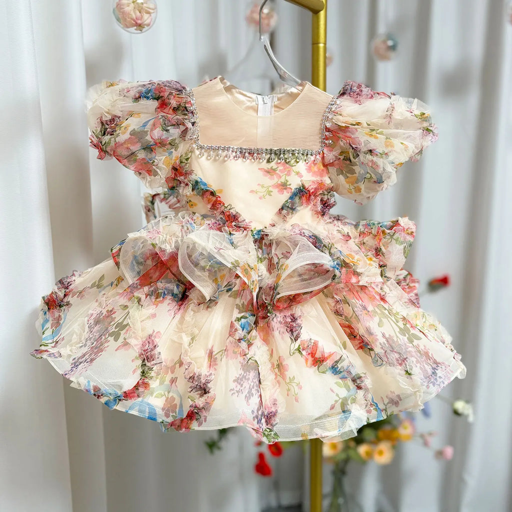 Dreamy Vow J410 Lovely Floral Pink Girl Dress Puff Sleeves for Kids Princess Holiday Birthday Party Ball Gown