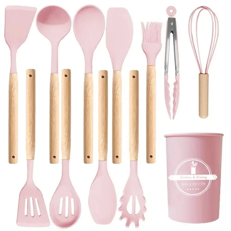Juego de utensilios de cocina de 12 piezas, espátulas de silicona con mango de madera, kit de herramientas de cocina con soporte, resistentes al calor, para cocina