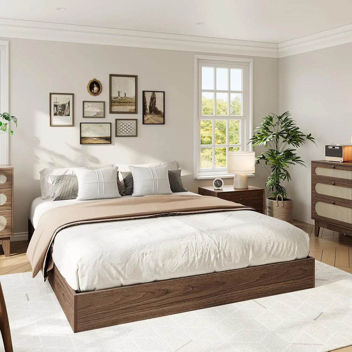 Queen Bed Frame, Wooden Platform Bed with Sturdy Slats, Modern Minimalist Design, No Box Spring Needed, Noise-Free Design, Easy Assembly, Walnut Wood