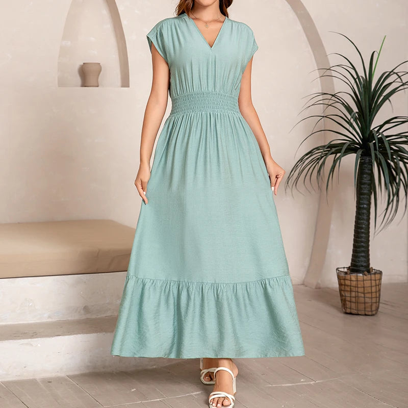 Modest Women Casual Woven Dress V-Neck Short-Sleeves Pleated Waist A-Line Skirt Solid Candy Color Vacation Beach Wear Tie Back