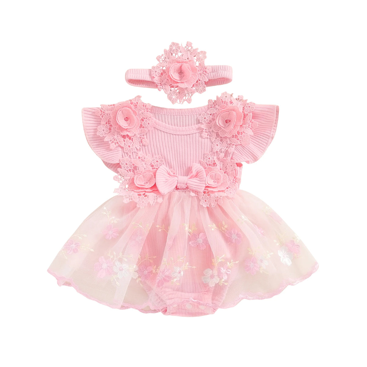 Baby Girls 3D Flower Mesh Lace Ruffle Romper Dress and Headband Set