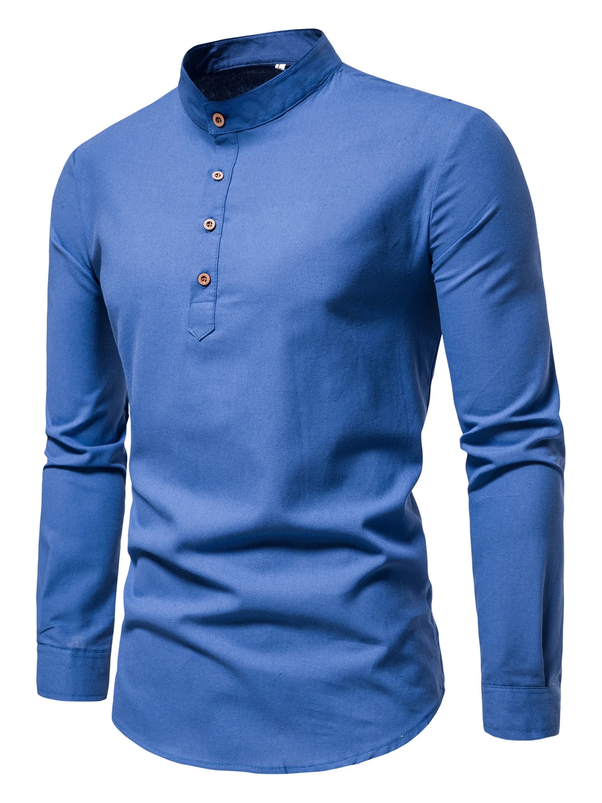 Spring And Autumn Men'S Pure Cotton Solid Color Shirts, Elegant Long-Sleeved Stand-Up Collar Shirts, Slim-Fit Men'S Shirts
