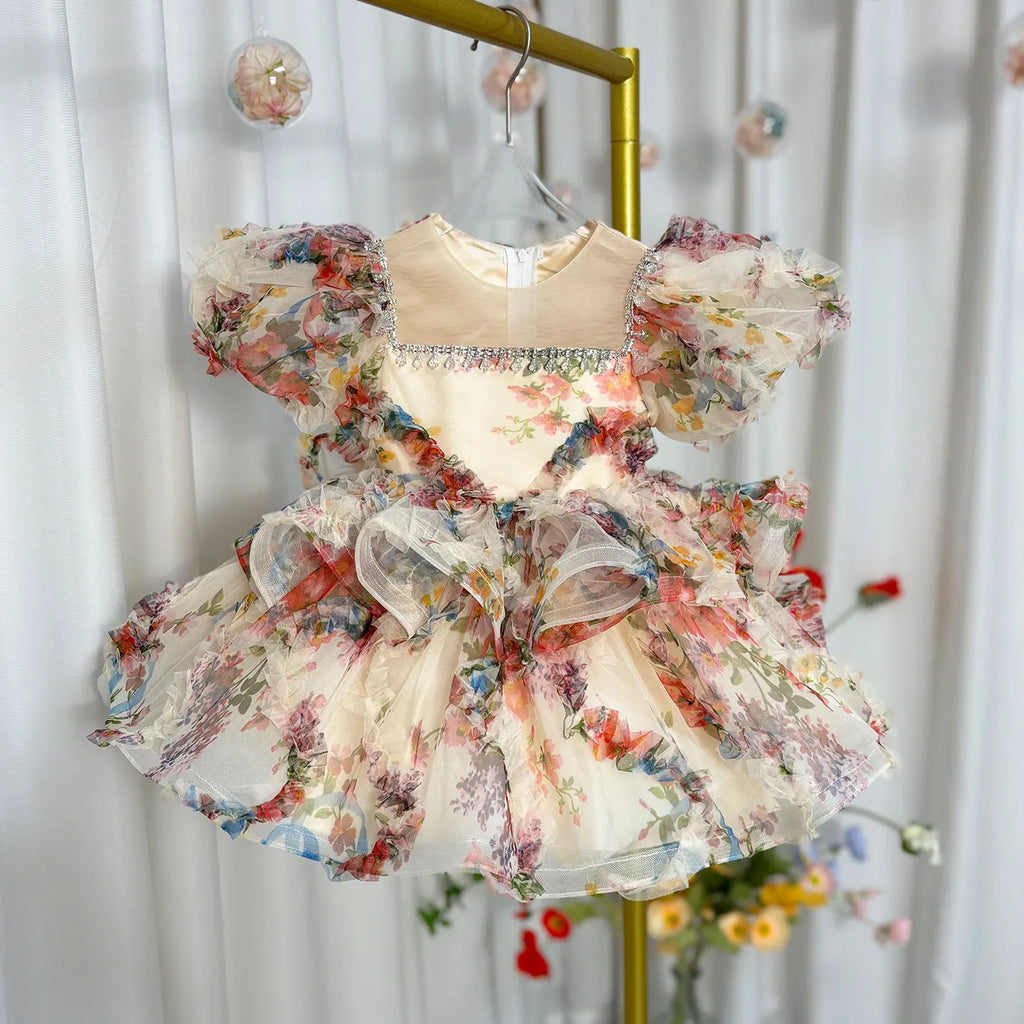 Dreamy Vow J410 Lovely Floral Pink Girl Dress Puff Sleeves for Kids Princess Holiday Birthday Party Ball Gown